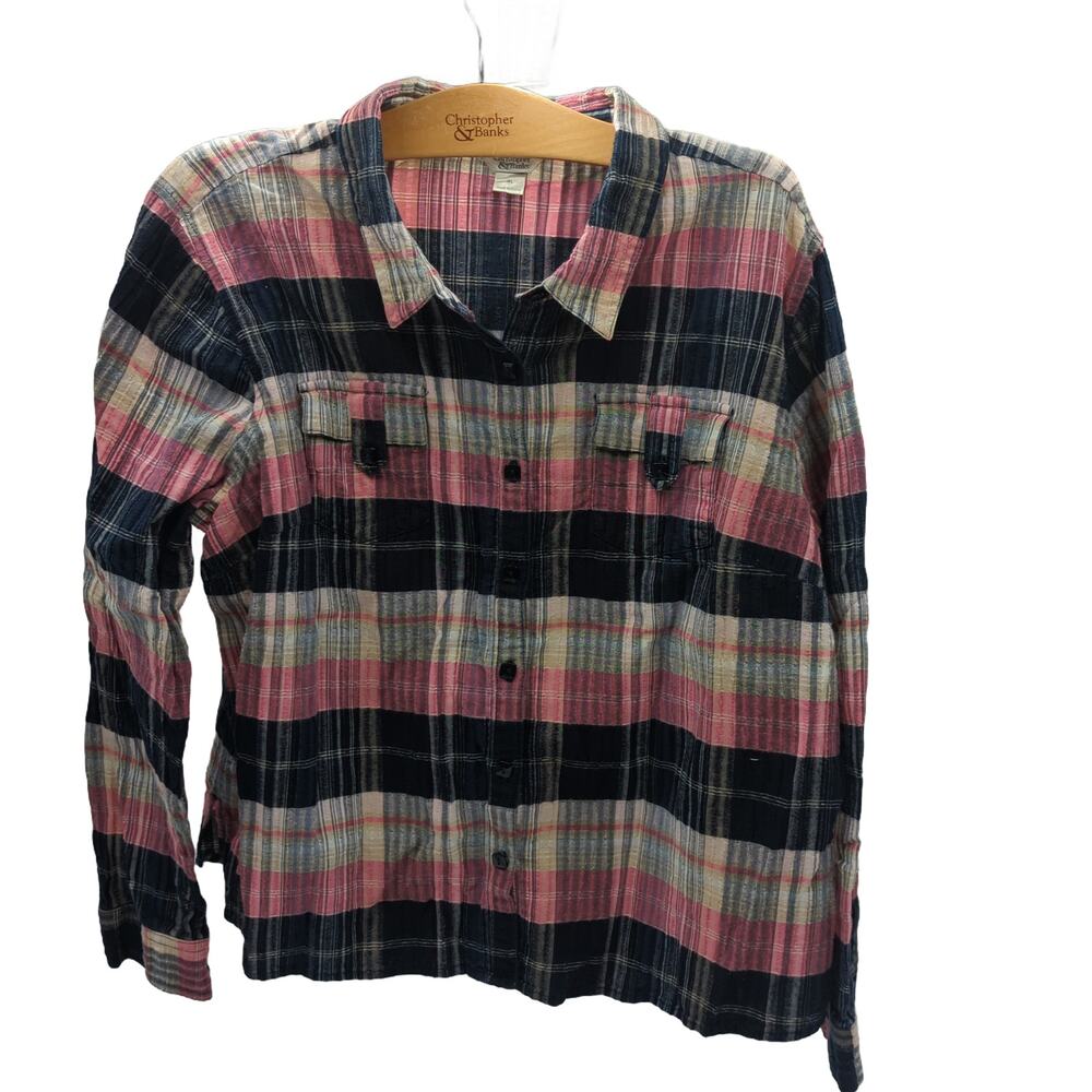 Christopher & Banks XL Stretch Plaid Button-Front Blouse Pink Blue